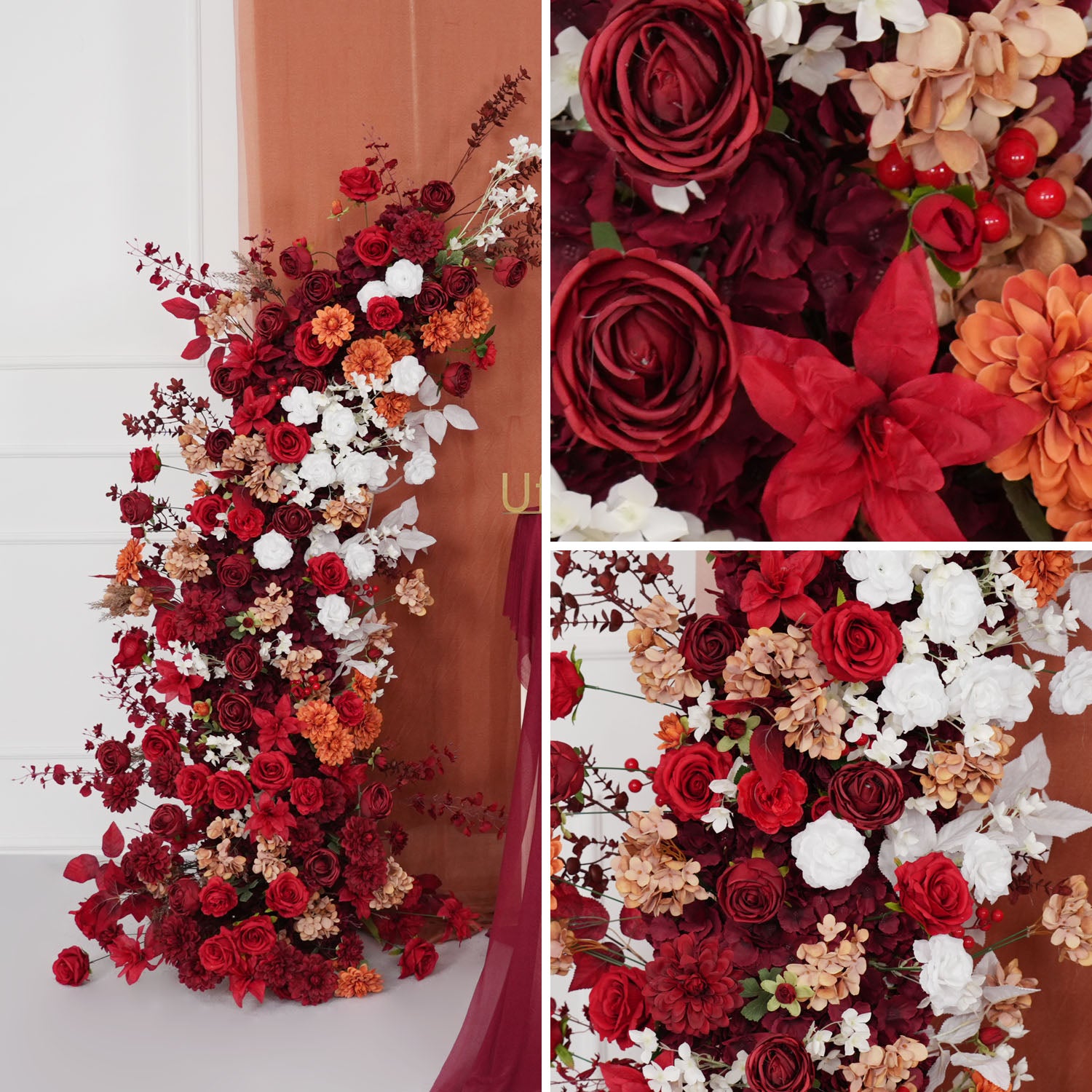 Uflower Autumn Red Rose Floral Arrangement Horn Arch Wedding Backdrop Decor